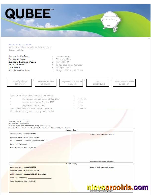 PAKISTAN QUBEE utility bill